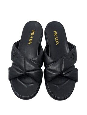 Prada Black Soft Leather Quilted Crossover Criss Cross Slide Sandals Size EU 39